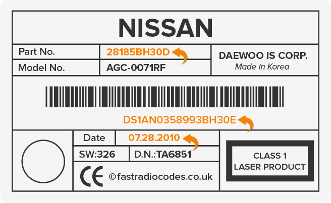 Nissan Daewoo Radio Code Serial Label | BP Model